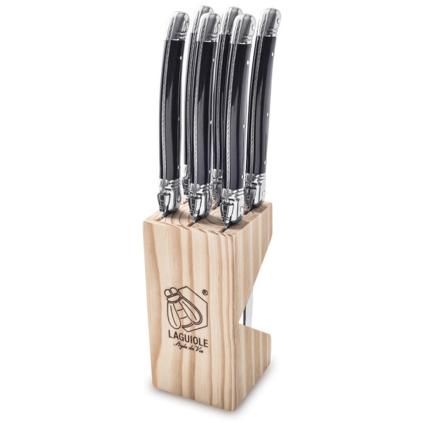 Steak kés PREMIUM, 6 db szett, blokkban, fényes fekete, Laguiole