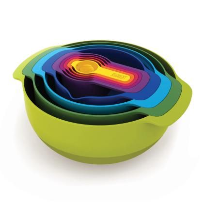 Tál készlet NEST, 9 db, konyhai mérőkanál készlettel, egymásba rakható, többszínű, Joseph Joseph