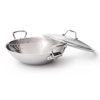Wok 32 cm, rozsdamentes acél fogantyúkkal, üveg fedővel, Mauviel