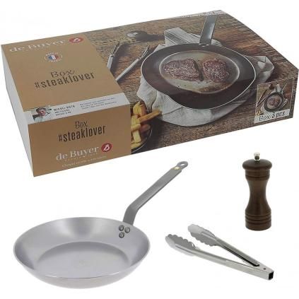 Steak serpenyő MINERAL B 26 cm, borsdarálóval és konyhai fogóval, de Buyer