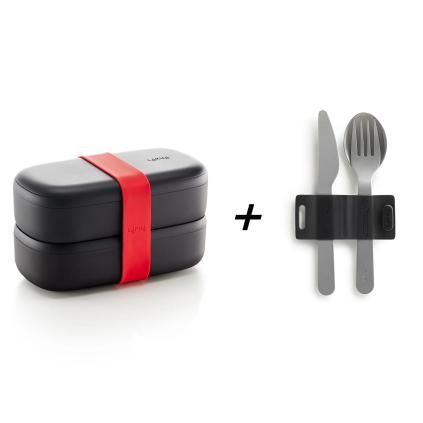 Uzsonnás doboz LUNCHBOX TO GO 1 l, evőeszközzel, fekete / fekete, Lékué