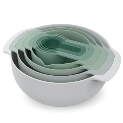 Tál készlet NEST 40112, 9 db, tésztaszűrővel és konyhai mérőkanál készlettel, szürke / zöld, Joseph Joseph